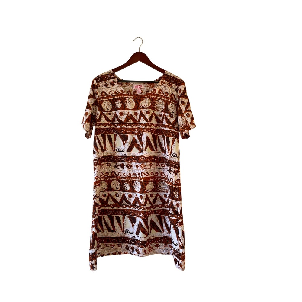 Sita Tribal Print Shift Dress Brown Cream Short Sleeve Tunic Nepal Women Large‎